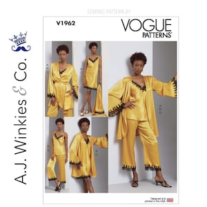 May include: Vogue Patterns sewing pattern V1962. The pattern features a yellow satin pajama set with black lace trim. The set includes a robe, camisole, and pants. The pattern is designed and printed in the USA.