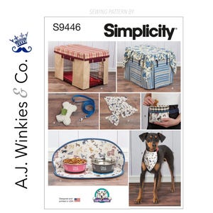 May include: Simplicity sewing pattern S9446 for dog accessories. Includes patterns for a dog crate cover, dog bed, leash, bandana, treat bag, and food mat. The food mat has two bowls and a dog bone design.