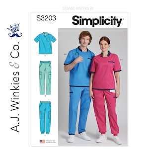 May include: Simplicity sewing pattern S3203 for medical scrubs. The image shows a blue scrub top and trousers, and a pink scrub top and trousers. The pattern also features a man and woman modelling the scrubs.
