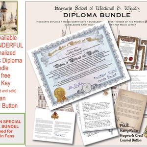 Diploma personalizado de Hogwarts, além de certificado da casa e carta de Dumbledore