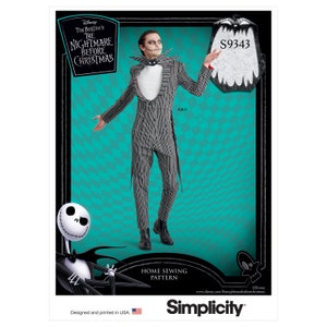 May include: Simplicity sewing pattern for a Jack Skellington costume from Tim Burton's "The Nightmare Before Christmas." The pattern features a black and white pinstriped suit, a bat-shaped accessory, and the character's signature makeup. The pattern number is S9343.