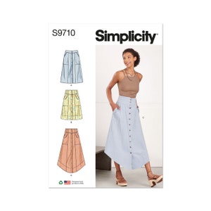May include: Simplicity sewing pattern S9710 featuring a button-front skirt. The image shows a woman wearing a light blue skirt with a high waist and pockets. The pattern also includes illustrations of other skirt variations.