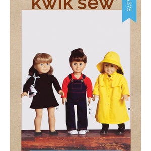 Kwik Sew K4375 18” Doll Bib Overhauls, Leotard Dress, Pullover Top, Raincoat & Rain Hat.