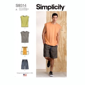 May include: A sewing pattern for men's clothing, including a sleeveless shirt and shorts. The pattern is from Simplicity and is numbered S9314. The pattern includes instructions for sizes XS-XL.