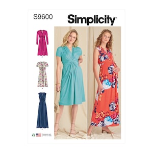 May include: Simplicity sewing pattern S9600 features three dress designs. The cover shows a woman in a turquoise dress and another in a floral print dress. The pattern includes a long-sleeved pink dress, a floral print dress, and a navy blue dress.