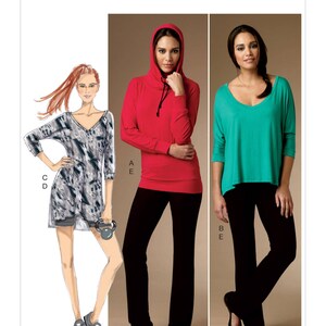 Puede incluir: Un patrón de costura para tres blusas, etiquetadas como A, B y C. El patrón es de Butterick y el número de patrón es B6427. Las blusas se muestran en tres modelos diferentes. La blusa etiquetada como A es una blusa roja con capucha. La blusa etiquetada como B es una blusa verde azulada. La blusa etiquetada como C es una blusa con estampado gris y blanco.