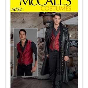 May include: McCall's Costumes pattern M7821. The image features a man in a pirate costume. The costume includes a long black coat with gold buttons, a red vest, black pants, and boots. The pattern also shows a smaller image of the vest.