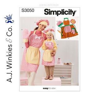 May include: Simplicity sewing pattern S3050 featuring matching aprons, oven mitts, and chef hats for adults and children. The aprons are pink with white polka dots and yellow accents. The image includes the text "easy-to-sew".