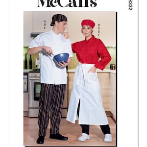 May include: McCall's pattern M8332 features chef attire. The image shows a chef in a white coat, striped trousers, and a black and red striped head covering, holding a blue bowl. Another chef wears a red coat, white apron, and a red beret.