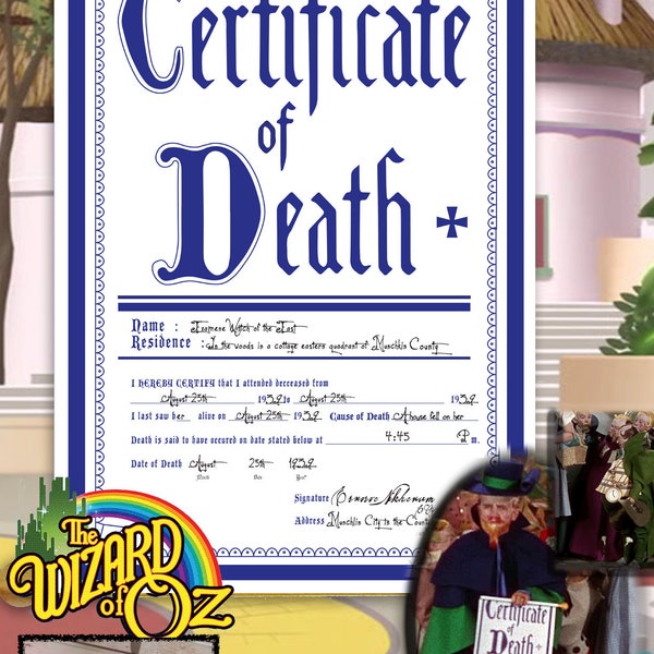 Wizard Of Oz Certificate Of Death Wicked Witch of the East Prop/Replica