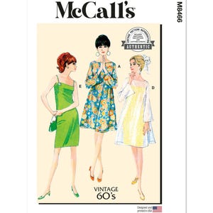 May include: McCall's vintage sewing pattern featuring three 1960s dress designs. The illustration shows a green dress, a floral print dress, and a yellow dress. The text "Vintage 60's" is displayed below the illustrations. The pattern is designed and printed in the USA.