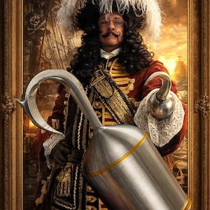 May include: Portrait of a man in a red and black pirate captain's coat, holding a large silver hook. He wears a feathered hat and has a handlebar mustache. The background shows a ship and a sunset.
