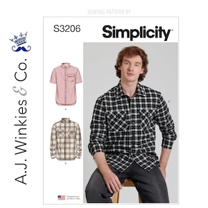 May include: Simplicity sewing pattern S3206 for men's shirts. The pattern includes illustrations of a short-sleeved shirt with a dotted pattern and a long-sleeved plaid shirt. The image also features a man wearing a black and white plaid shirt.