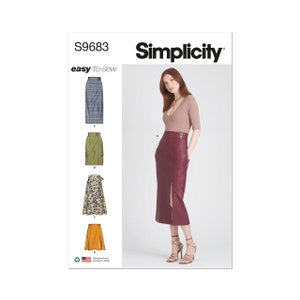 Könnte beinhalten: Simplicity Nähmuster S9683, einfach zu nähender Rock-Schnitt mit vier verschiedenen Stilen: kariert, grün, floral und einfarbig rot. Das Muster enthält ein Modell, das einen roten Rock mit Schlitz trägt.