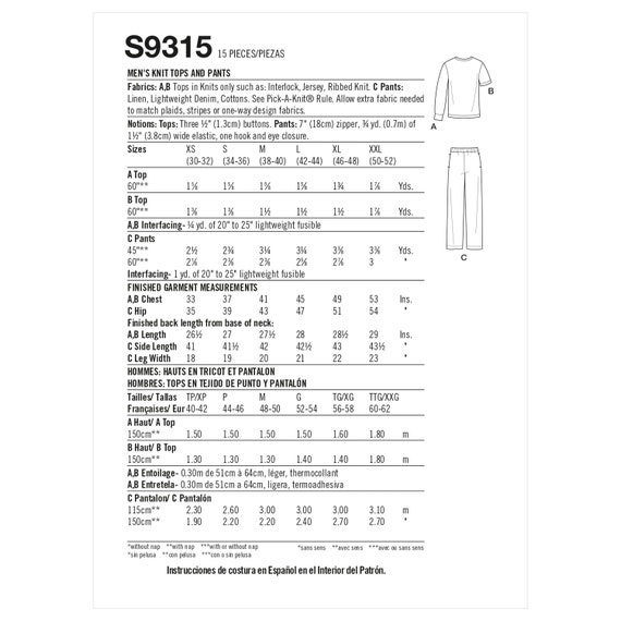 Men's Knit Tops and Pants Size: A (XS–XXL) - Simplicity