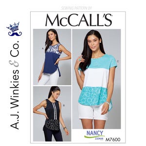 May include: McCall's sewing pattern featuring three different women's tops. The tops are sleeveless, short-sleeved, and have various design elements, including polka dots and floral patterns. The pattern includes the text "McCall's" and "Nancy Zieman M7600".