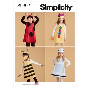 May include: Simplicity sewing pattern S9392 for four children's costumes: ladybug, caterpillar, bee, and chick. Each costume includes a dress and a hat.