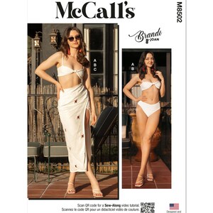 May include: McCall's sewing pattern M8502 featuring a white bikini and skirt set. The pattern includes a photo of the finished garments and the text "Brandi Joan". The pattern is designed and printed in the USA.