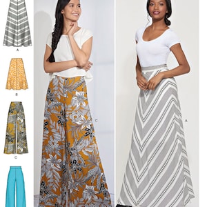 May include: Simplicity pattern S8885 features various skirt and pant designs. The image shows a selection of styles, including a chevron-patterned skirt, a floral print palazzo pant, and a solid teal wide-leg pant. The pattern includes sizes 6-14.