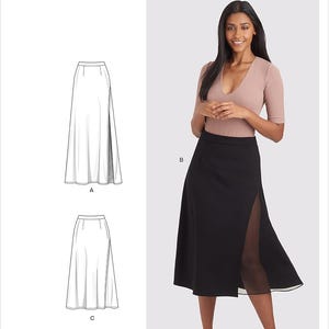 May include: Simplicity sewing pattern S9238 H5. The image shows a woman wearing a black skirt with a high slit, paired with a short-sleeved top. The pattern includes skirt designs. The size range is U.S. 6-14.