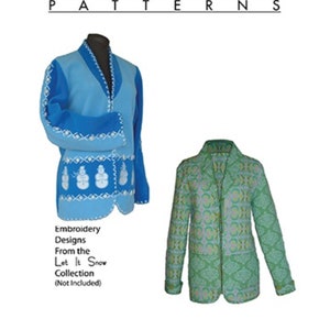 May include: A sewing pattern for a Thunder Bay Jacket, featuring two different designs. The first design is a blue jacket with a white snowman pattern. The second design is a green jacket with a geometric pattern. The pattern is from the Let It Snow collection and is numbered #2520.