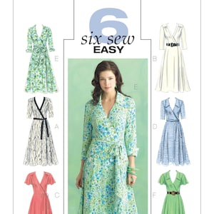 Könnte beinhalten: Ein Schnittmuster für ein Wickelkleid mit sechs verschiedenen Variationen. Das Schnittmuster heißt "B5030 Butterick six sew EASY". Das Kleid ist in verschiedenen floralen, karierten und einfarbigen Farben dargestellt.