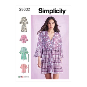 May include: Simplicity pattern S9602 features a woman wearing a paisley print dress with a V-neck and drawstring waist. The pattern includes illustrations of various robe and dress designs. The text "Simplicity" is displayed in black.