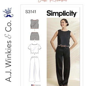 May include: Simplicity sewing pattern S3141. The pattern includes a sleeveless top and wide-leg pants, with a scalloped hem detail. The image also shows a model wearing a black top and pants. The text "Just Released" is at the top.