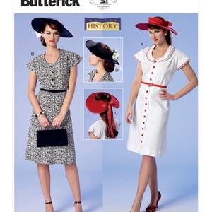 May include: A vintage sewing pattern for a dress with a button-up front and a Peter Pan collar. The pattern is from Butterick and is labeled "Making History". The pattern includes three different hat styles.