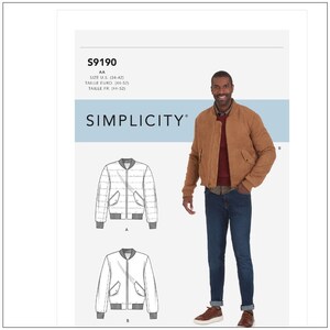 May include: A sewing pattern for a men's bomber jacket. The pattern includes two different styles, one with a quilted lining and one with a solid lining. The pattern is for sizes US 34-42. The pattern is from Simplicity.