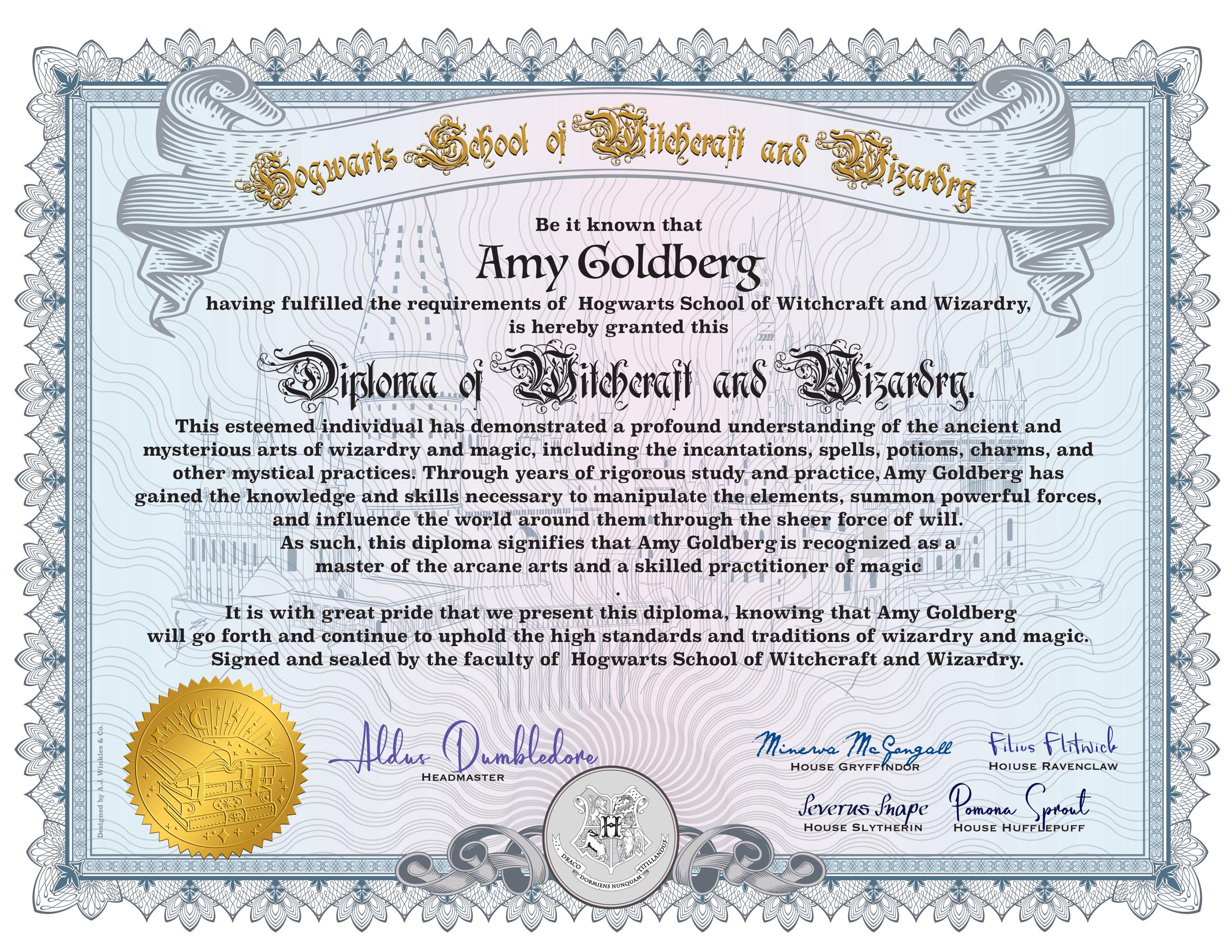 Hogwarts Personalized Diploma Plus House Certificate and Letter 