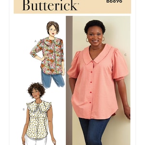 Könnte beinhalten: Butterick B6896 Schnittmuster mit drei Blusen-Designs. Das Muster enthält Illustrationen von Blusen mit verschiedenen Kragenformen und Ärmellängen. Das Hauptbild zeigt eine Frau, die eine korallenfarbene Bluse mit einem großen Kragen trägt.