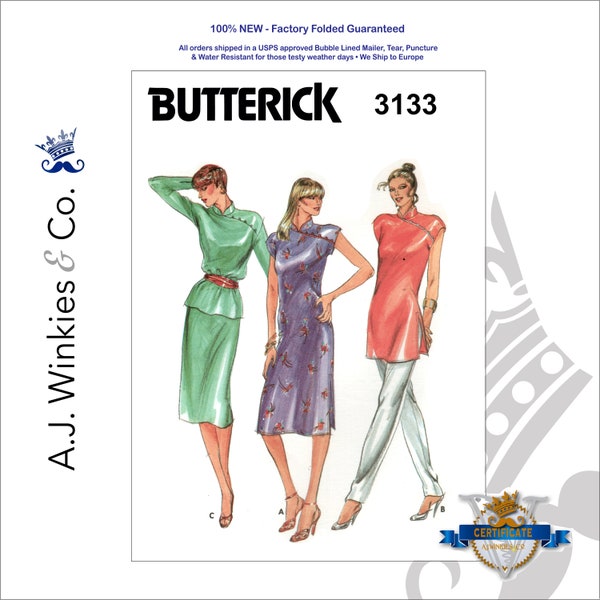 Butterick 3133 Misses' Dress, Tunic, Top & Skirt w/ Traditional Chinese Shaped Standing Collar