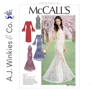 May include: A McCall's sewing pattern featuring a white lace wedding dress and several other dress designs. The pattern includes the text "Create it!" and the pattern number M7569.