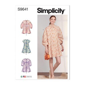 May include: A woman wearing a floral print dress with a collar and long sleeves. The image also shows three dress pattern illustrations, labeled A, B, and C, with the text "S9641" and "Simplicity" visible. The dress is paired with an orange purse and beige shoes.
