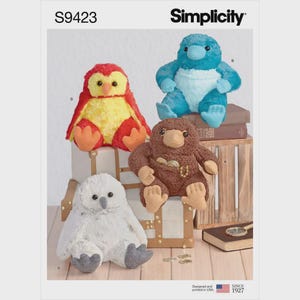 May include: Simplicity pattern S9423 featuring four plush toy designs: a red and yellow penguin, a blue platypus, a brown Niffler with coins, and a white owl. The pattern is designed and printed in the USA since 1927.