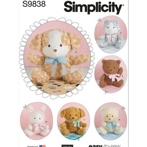 Op de afbeelding: Een naaipatroon voor het maken van zes pluche speelgoeddieren: een konijn, een hond, een kat, een beer, een puppy en een lam. Het patroon heet Simplicity S9838 en is gemarkeerd met "gemakkelijk te naaien".