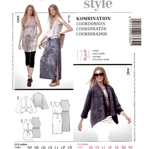 Op de afbeelding: Een Burda Style naaipatroon met illustraties van jurken, jassen en tops. Het patroon bevat EUR- en US-maattabellen. Het nummer 7364 staat bovenaan. De moeilijkheidsgraad wordt aangegeven als "mittel", wat gemiddeld betekent.
