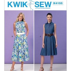 Puede incluir: Patrón de costura Kwik Sew K4155 para un vestido sin mangas con cierre de botones y cinturón. El patrón incluye dos variaciones: un vestido de estampado floral y un vestido vaquero.