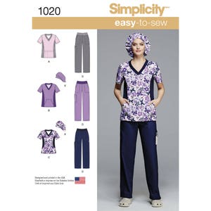 May include: A sewing pattern for scrubs, featuring a floral print top with a V-neck and short sleeves, and matching pants. The pattern also includes a scrub cap. The pattern number is 1020 and the text "Simplicity easy-to-sew" is printed on the page.