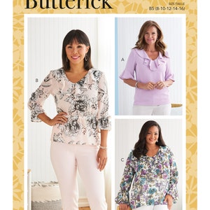 May include: A sewing pattern for a women's blouse with three different styles. The pattern is from Butterick and the pattern number is B6814. The size range is 8-10-12-14-16.