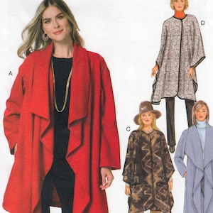 Puede incluir: Un patrón de costura para un abrigo de envoltura rojo, marrón y azul. El patrón es de Butterick y está etiquetado como "B6250" y "Fast & Easy".
