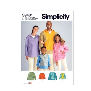 May include: Simplicity sewing pattern S9481 for a hooded jacket. The pattern includes sizes XS-L/XS-XL, XP-G/XP-XG, and TP-Q/TP-TO. The image shows four people wearing the jacket in different colours: purple, yellow, pink, and blue.