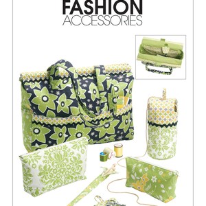 May include: A collection of fashion accessories, including a tote bag, cosmetic bags, and a needle case. The items feature a floral pattern in shades of green, black, and yellow. The text "McCall's FASHION ACCESSORIES" is at the top.