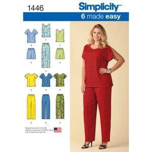 May include: Simplicity sewing pattern number 1446, 6 made easy, for tops and pants. The pattern includes a variety of styles, including a sleeveless top, a short-sleeved top, and a long-sleeved top. The pants are available in a variety of lengths, including shorts, capris, and full-length pants.