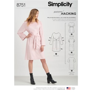 May include: A Simplicity sewing pattern, number 8751, featuring a light pink dress with long sleeves and a tie belt. The image includes illustrations of different dress variations and the text "pattern hacking."