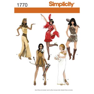 Könnte beinhalten: Ein Schnittmuster für fünf verschiedene Kostüme. Die Kostüme umfassen ein Flapper-Kleid, ein Indianerkleid, ein griechisches Göttinnenkleid, ein ägyptisches Kleid und ein Dschungelmädchenkleid. Die Schnittmuster-Nummer ist 1770.