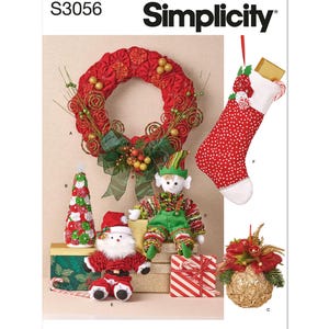 Può includere: Un modello di cucito Simplicity, S3056, per realizzare decorazioni natalizie. Il modello include istruzioni per realizzare una ghirlanda rossa e dorata, una calza rossa e bianca, una bambola di elfo verde, una bambola di Babbo Natale rossa e bianca, un albero di Natale rosso e bianco e un ornamento natalizio dorato e rosso.