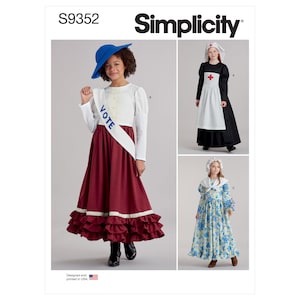 May include: Simplicity sewing pattern number S9352 for three historical costumes: a red dress with a white sash that says "VOTE", a white and black nurse dress with a red cross, and a blue and white floral dress with a white bonnet.