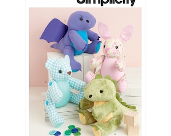 13&quot; Dragon, Dinosaur, Bunny and Bear Plushies - Simplicity S9441